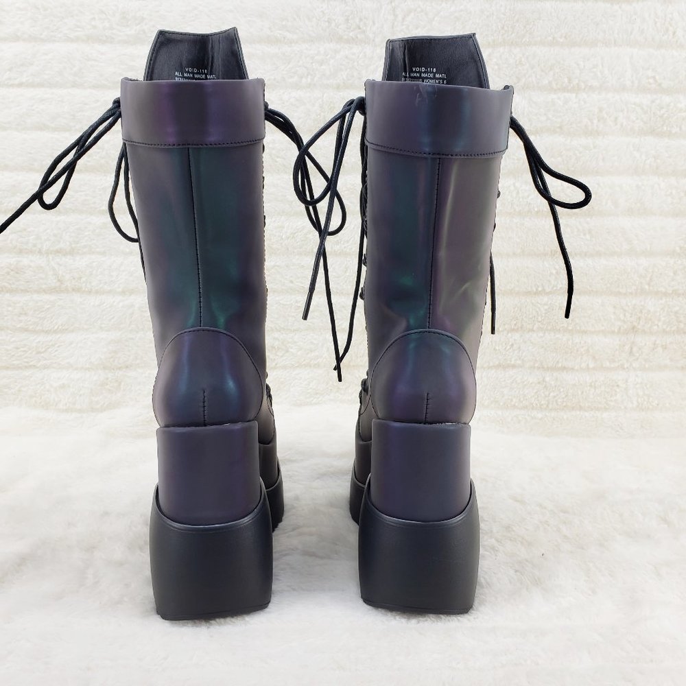 Void Purple Green Reflective Platform Wedge Mid Calf Goth Festival Boots NEW - Picture 12 of 17